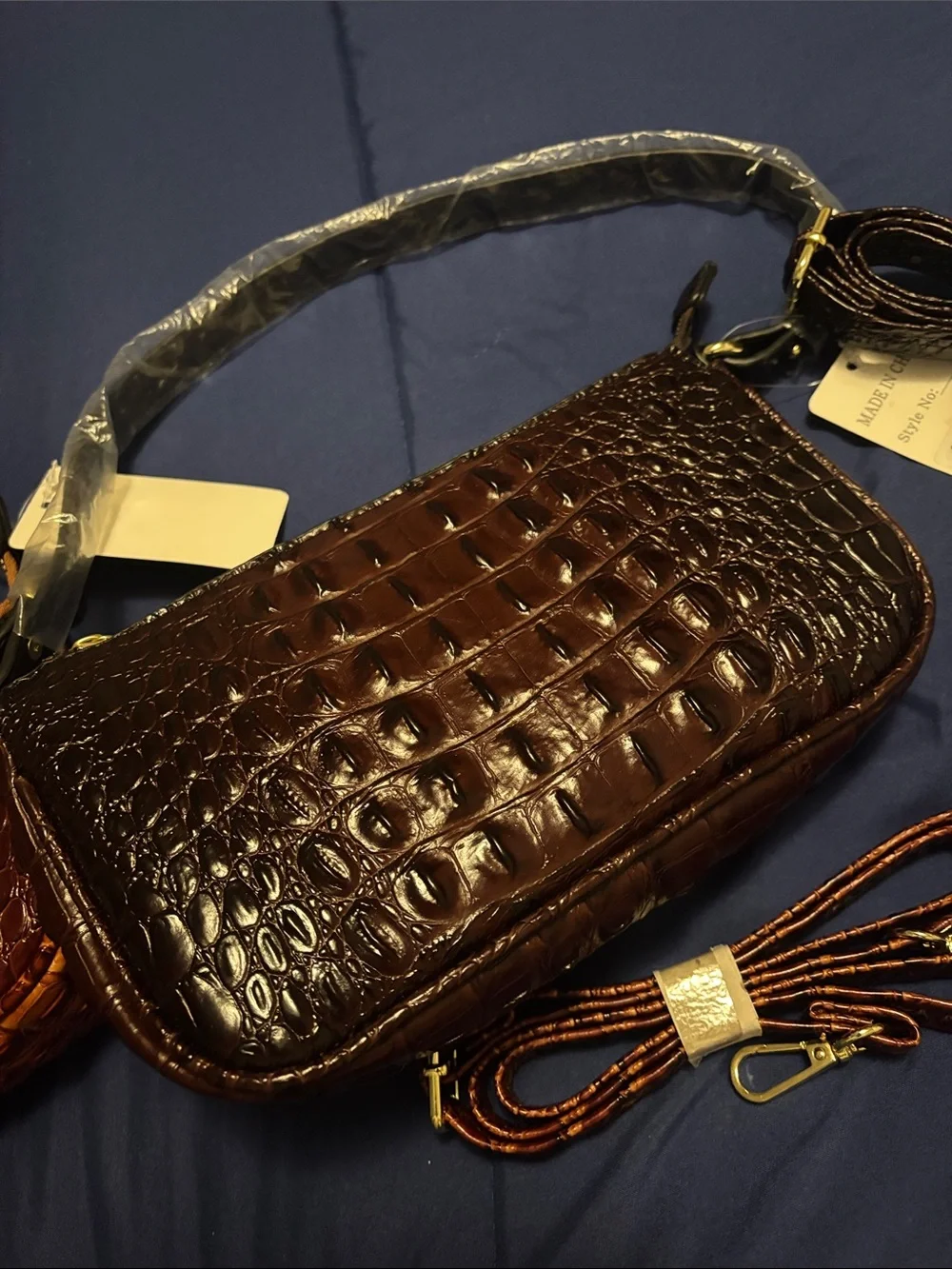 Croc-Embossed Faux Leather Crossbody Handbag, Bag, Purse Brown or Coffee